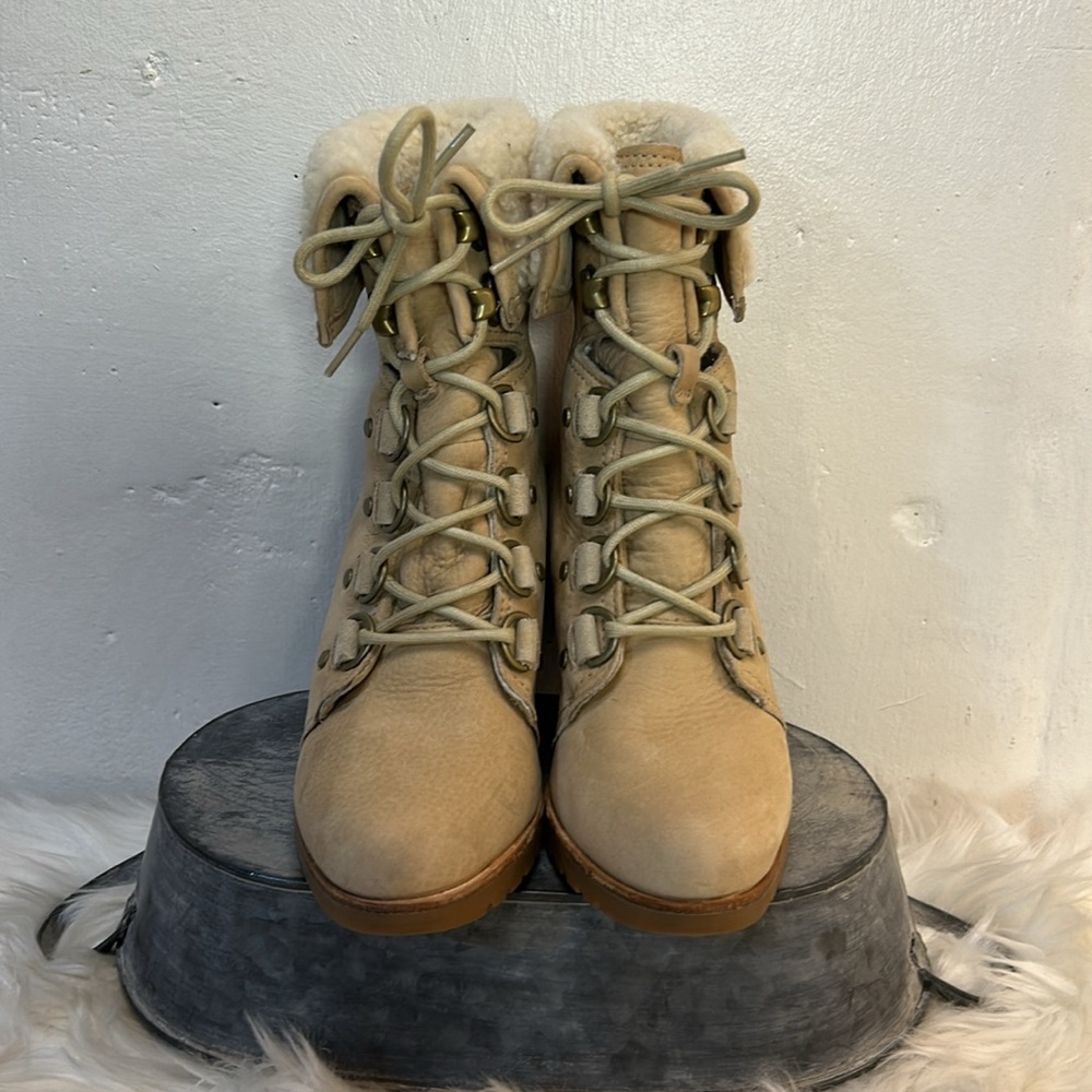 #0169- Sorel After Hours Lace Up Shearling Wedge Boots-Lined Cuff-7.5 - Picture 4 of 11